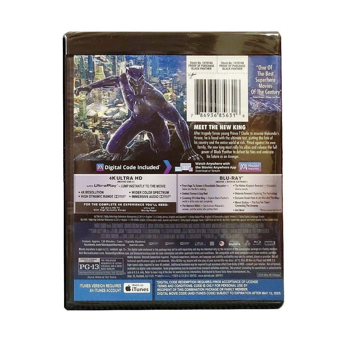 BLACK PANTHER (2018) 4K Ultra HD +Blu-ray + Digital Code (2018, Marvel Studios, Buena Vista)