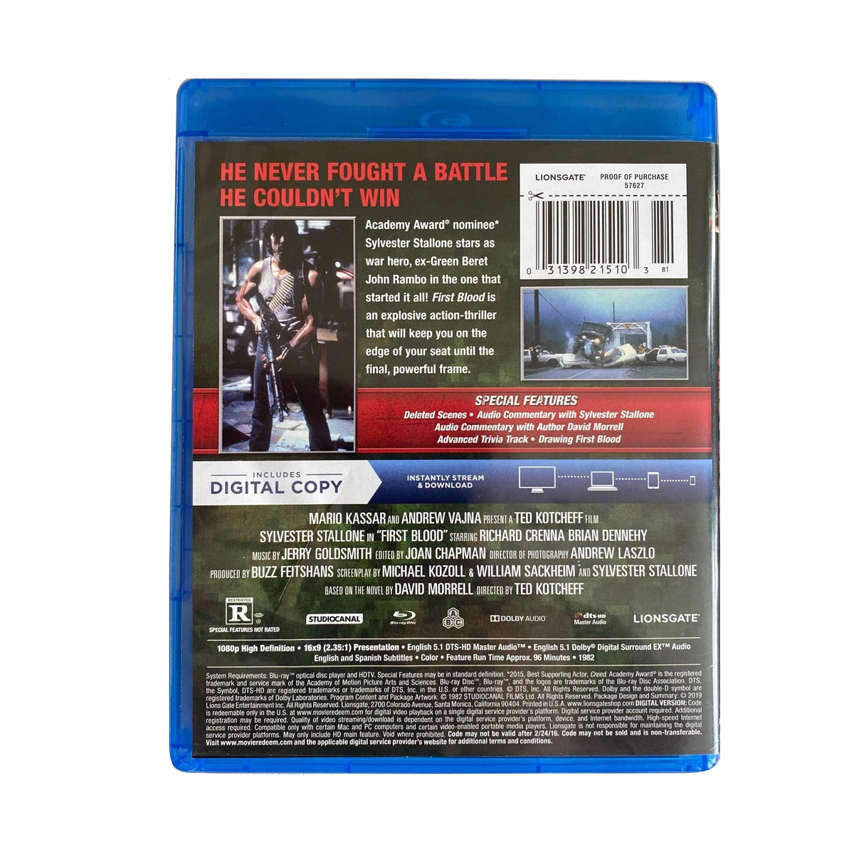 FIRST BLOOD (1982) Blu-ray + Digital (2019, Lionsgate)