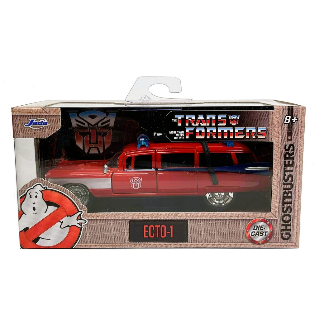 Jada Hollywood Rides- Ecto-1 -Transformers x Ghostbusters G-1 Mashup Die-cast Car with Opening Doors, 1:32 Scale