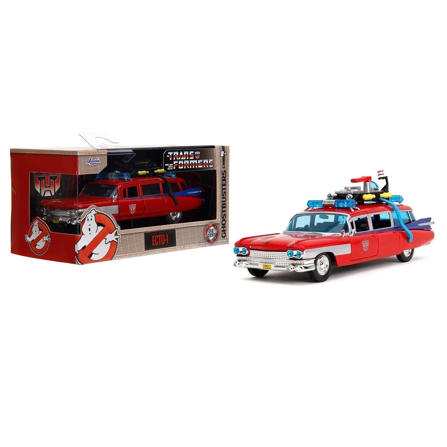 Jada Hollywood Rides- Ecto-1 -Transformers x Ghostbusters G-1 Mashup Die-cast Car with Opening Doors, 1:32 Scale