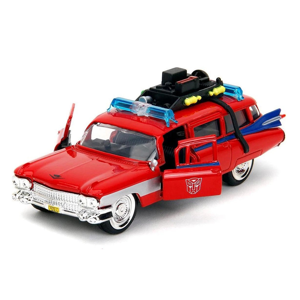 Jada Hollywood Rides- Ecto-1 -Transformers x Ghostbusters G-1 Mashup Die-cast Car with Opening Doors, 1:32 Scale