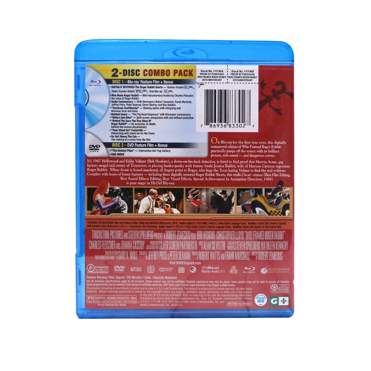 WHO FRAMED ROGER RABBIT (1988) 25th Anniversary Blu-ray + DVD (2013, Touchstone, Buena Vista)